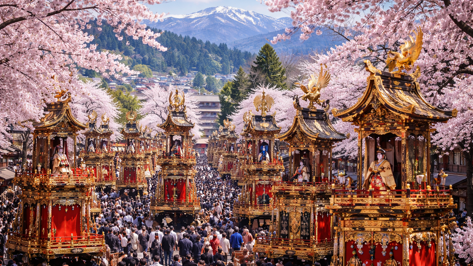 春空に舞う絢爛12台の屋台——桜と共演する「動く美術館」、高山祭がはじまった。