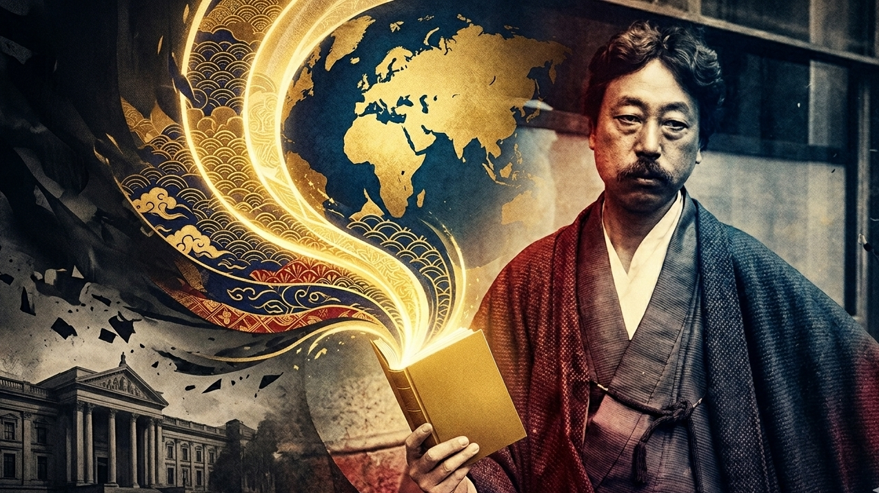 以下のタイトルにあうnoteで注目を集める画像を、16:9の横長長方形で作ってください。テキストはなし。「日本は遅れている」と言われた時代に、世界へ堂々と反論した男——岡倉天心という生き方 「日本は遅れている」と言われた時代に、世界へ堂々と反論した男——岡倉天心という生き方