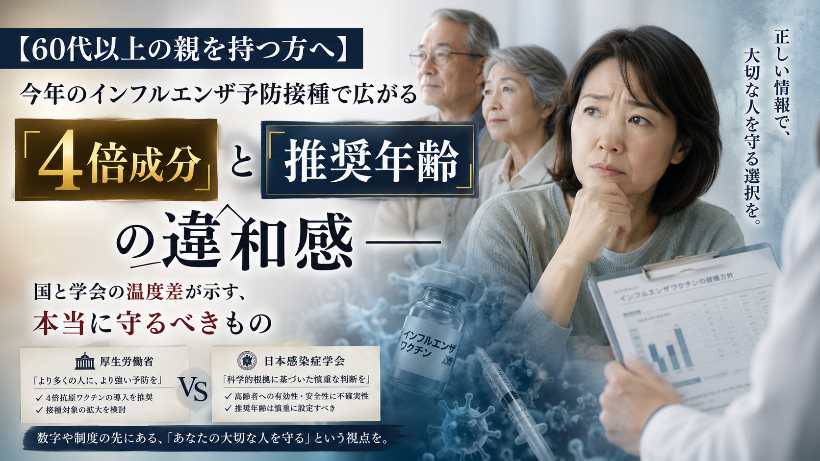 【60代以上の親を持つ方へ】今年のインフルエンザ予防接種で広がる「4倍成分」と「推奨年齢」の違和感──国と学会の温度差が示す、本当に守るべきもの 【60代以上の親を持つ方へ】今年のインフルエンザ予防接種で広がる「4倍成分」と「推奨年齢」の違和感──国と学会の温度差が示す、本当に守るべきもの